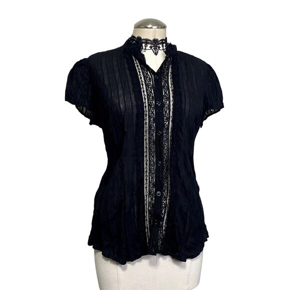 Gothic Vampire Victorian Button Down Lace Semi Sheer Blouse - Picture 3 of 12